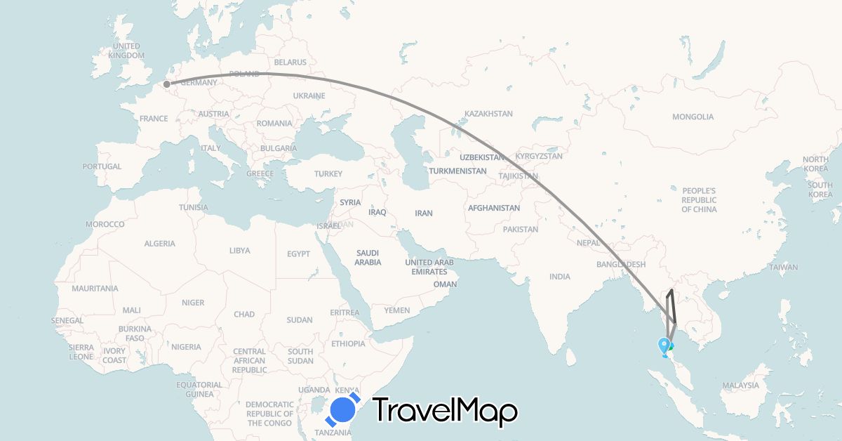 TravelMap itinerary: driving, bus, plane, boat, motorbike in Belgium, Thailand (Asia, Europe)